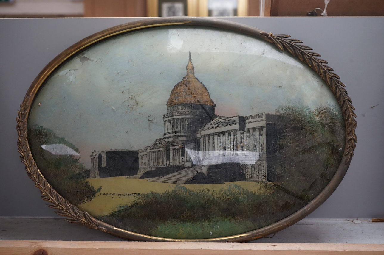 20th century School, reverse glass painted convex oval panel, ‘Capital Washington’, 34 x 48cm. Condition - poor